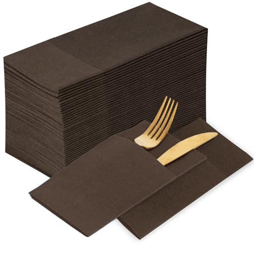 KAMMAK Napkins Disposable Coffee Cloth like Dinner Paper Napkins with Pocket 100 Pack Folded Luncheon Napkins Wedding Reception Bathroom Guest Hand Towel for Party Decoration, Kitchen,16.5 x 16.5 inch - color: Coffee