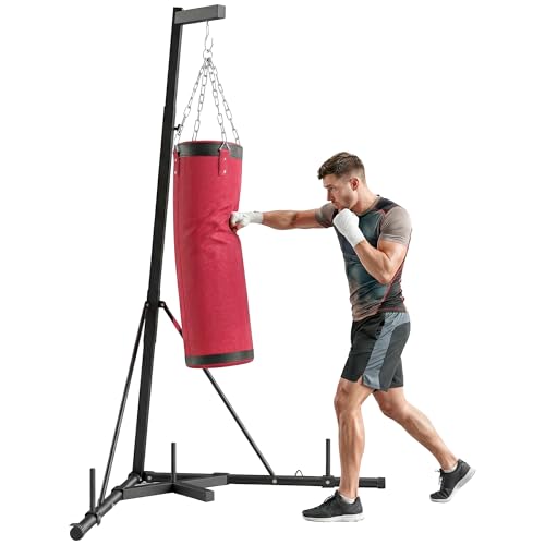 Soozier Punching Bag with Stand for Adults, 72.8"-90.9" Height Adjustable Freestanding Boxing Stand with Canvas Sandbag, Stable Triangular Base and 1" Weight Plate Storage for Home Gym MMA - color: Red