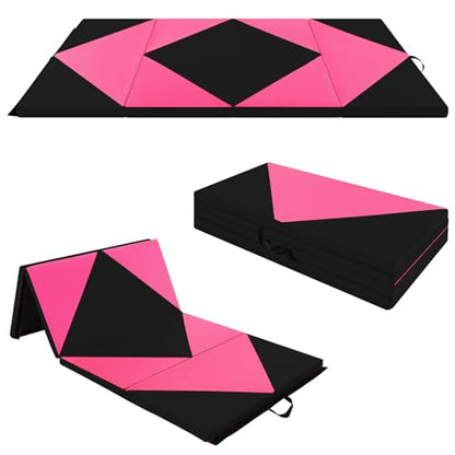 Goplus Gymnastics Mat, Folding Tumbling Mat with Carry Handles, Hook & Loop Fasteners, 4 Panels for Fitness Exercise Yoga Stretching Aerobics Workouts, Thick Gym Mats for Home - color: Rose&Black