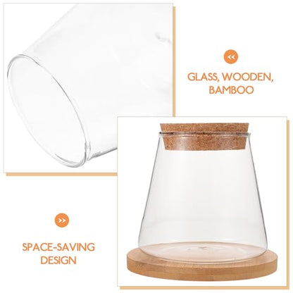 Small Glass Fish Bowl with Wooden Lid and Mat, Hydroponic Micro Landscape Planter Bottle for Desktop Betta Fish Tank and Plant Terrarium