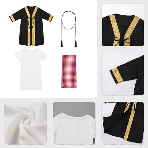 Muslim Clothes for Baby Boy Arabian Robe Plaid Turban Scarf Eid Ramadan Dubai Attire Infant Abaya Saudi Kaftan Kurta - color: Black (4pcs), size: 6-12 Months