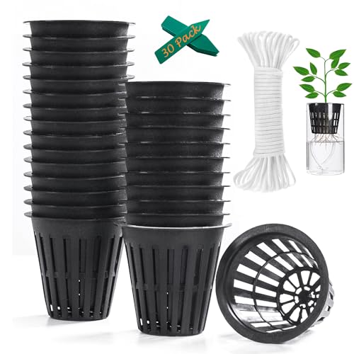 ORIMERC 2 inch Net Cups Pots 30 Pack with 30 feet Self Watering Wick & 30 Plant Labels for Hydroponics Aquaponics Planter Indoor Outdoor Growing Baskets Slotted Mesh UV Resistant & BPA Free - size: 2 inch (30 Pack)