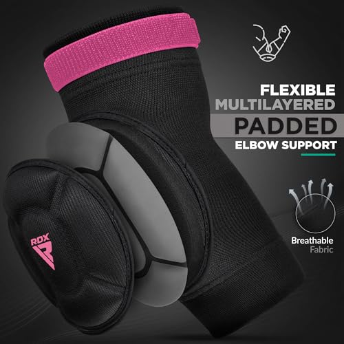 RDX Elbow Pads, Muay Thai MMA Kickboxing Sparring Elbow Guard, Martial Arts Striking Protection,Wrestling Basketball Adjustable MTB Volleyball Compression Padded Sleeve, Men Women - color: Black Pink, size: Medium