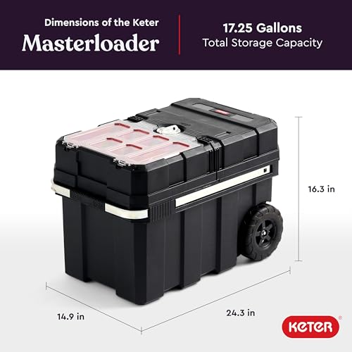 Keter Masterloader Resin Rolling Tool Box with Locking System and Removable Bins – Perfect Organization and Storage Chest for Power Drill, Tape Measure, and Screwdriver Set, Black | Black, Heavy Duty, Weatherproof, All Terrain Wheels, Durable, Easy Slide