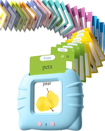 Airbition Bilingual Spanish and English Talking Flash Cards for Ages 2+, Pocket Speech Therapy Toy with 510 Words, Montessori Language Learning Toy, Children's Sensory Learning Kit - style: 510 Words English & Spanish Blue