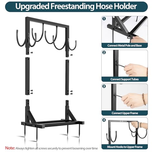 Garden Hose Holder Stand, BOLITE Heavy Duty Metal Hose Hanger, Holds 150ft | Freestanding & Detachable Water Hose Holder for Outside, 4 Spikes & 2 Tool Hooks, Storage Rack for Outside Yard Lawn Farm - style: Freestanding
