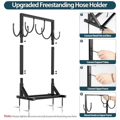 Garden Hose Holder Stand, BOLITE Heavy Duty Metal Hose Hanger, Holds 150ft | Freestanding & Detachable Water Hose Holder for Outside, 4 Spikes & 2 Tool Hooks, Storage Rack for Outside Yard Lawn Farm - style: Freestanding