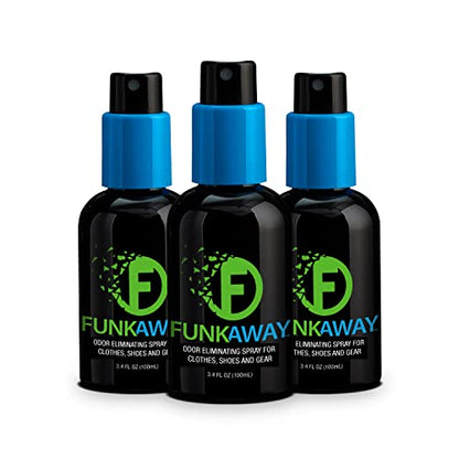 FunkAway Travel Size Shoe Deodorizer Spray (3.4 oz - 3 Pack) Odor Eliminator for Shoes, Gym Bags, Clothes and Gear, On-the-Go Odor Neutralizer that Attacks Funk at the Source - size: 3.4 Ounce (Pack of 3), style: Travel Size