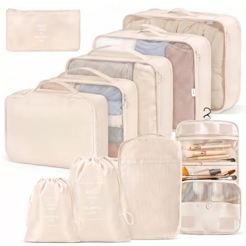 LANSKLBD 4/6/8/10 Set Packing Cubes for Suitcases Travel Luggage Packing Organizers,Travel Accessories Essentials Luggage Organizer with Shoe/Tioletry/Laundry Bag (Beige, 10 set) - color: Beige, size: 10 set