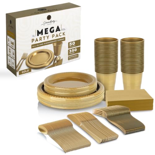 Grandipity Disposable Plastic Dinnerware Sets for Parties (350 pcs) - color: Gold, size: 50 Guests (350 PCS)