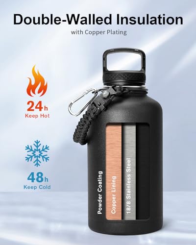 Trebo 64oz Water Bottle,Large Stainless Steel Water Jug with 3 Lids, Triple Wall Vacuum Sports Thermo bottle Keep Hot 24 Hours & Cold 48 Hours,Wide Mouth Flask,Black - color: Black, size: 64 Ounces