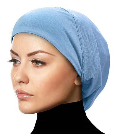 Women's Snood Cap Cotton Beanie Large Hijab Chemo Undercap (Winter Blue)