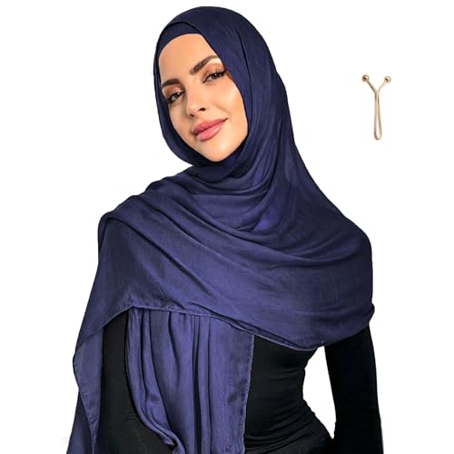 Jersey Hijab Scarf for Women,Lightweight Muslim Turban Head Scarf Modal Feel Hijab Coverings for Prayer with Clip - color: Navy