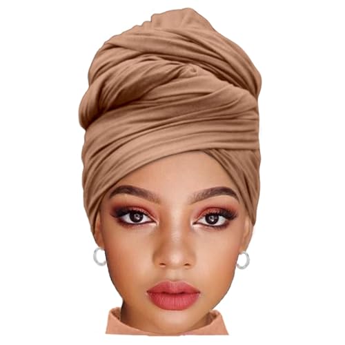 ZRQ 1 Pieces Camel Stretch Hijab Extra Long Solid Color African Shawl Hair Scarfs Jersey Turban Fashion Head Scarf Soft Head Wraps for Black Women - color: Camel