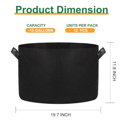 12-Pack 15 Gallon Grow Bags, 300G Thickened Nonwoven Garden Pots,Heavy Duty Fabric Pots with Reinforced Handles - size: 15 Gallons