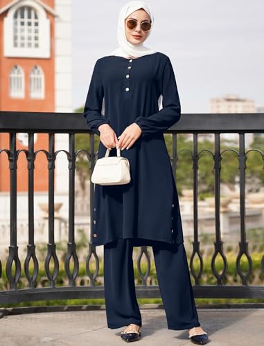 2 Piece Abaya for Women Muslim Long Sleeve Loose Top Pants Set Casual Eid Ramadan Outfits Dubai Islamic Muslim Clothes - color: Dark Blue, size: Small
