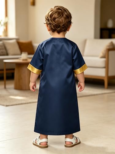 Toddler Ramadan Eid Outfit Traditional Middle Eastern Short-Sleeve Crew-Neck Thobe Kaftan Prayer Clothes - color: Navy Blue, size: 12-18 Months