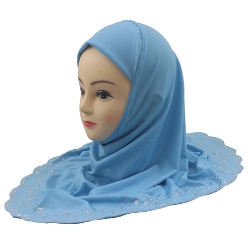 Girls Hijab with Rhinestones – Sparkly Non-Slip Amira Scarf for Kids, for Daily Prayer, School, Ramadan & Eid (Ages 4-12) - color: Sky Blue-wavy Edge