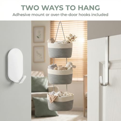 3-Tier Woven Cotton Rope Hanging Basket, Over the Door Organizer, Adjustable Detachable Wall Basket with Metal & Adhesive Hooks, No Drilling for Farmhouse, Boho Home and Wall Decor - style: White&Grey