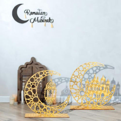 2pcs Eid Mubarak Kareem Table Sign, Wooden Moon Hollow Star Ornament Ramadan Hollow Ornament Wood Ramadan Decorations Islamic Home Decor Gifts for Home Muslim Party Tabletop Decor