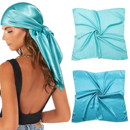 AWAYTR 35” Large Satin Square Head Scarf - 2Pcs Silk Like Floral Head Scarves Square Satin Hair Scarf Bandanas for Women - color: Blue/Pale Blue