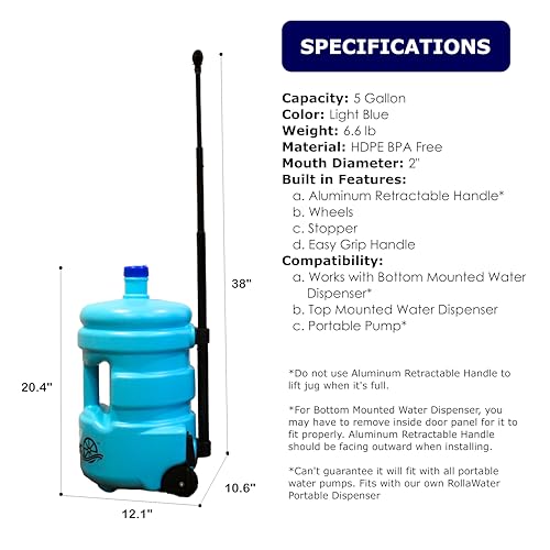 5 Gallon Rolling Water Jug – Portable Hydration Container with Built-In Wheels & Retractable Handle, BPA-Free HDPE, Easy to Roll Instead of Lift