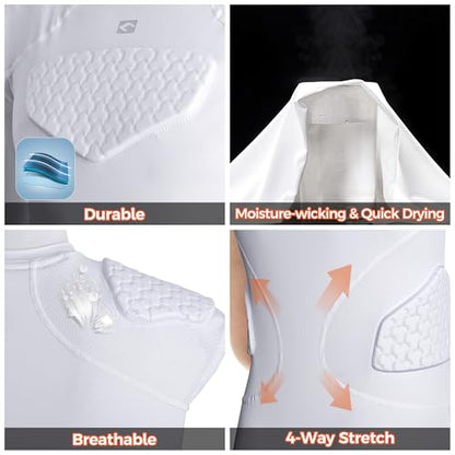 COOLOMG Youth Football Padded Shirt Chest Rib Protector | Football Compression Undershirt Heart Sternum Shoulder Protection - color: White, size: Small