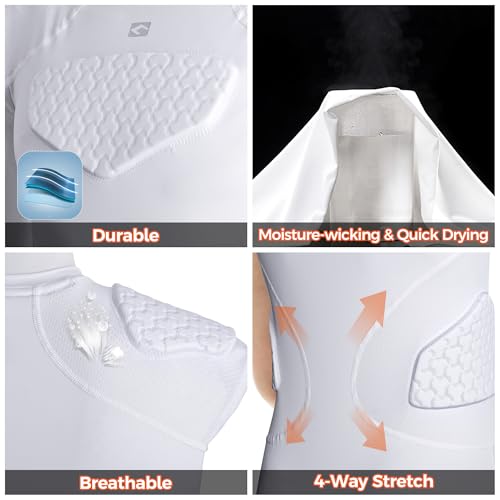 COOLOMG Youth Football Padded Shirt Chest Rib Protector | Football Compression Undershirt Heart Sternum Shoulder Protection - color: White, size: X-Large