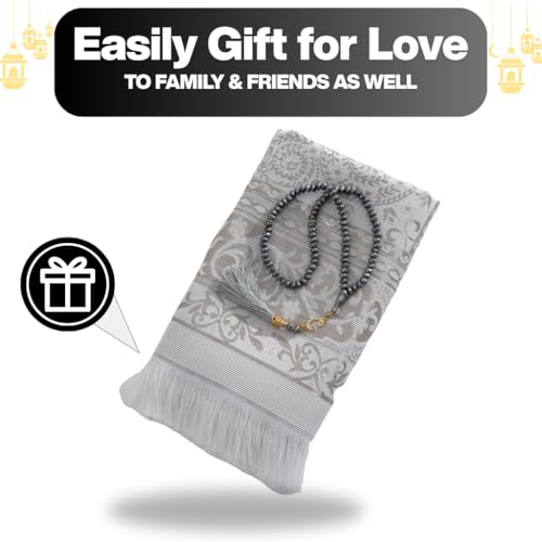 Muslim Prayer Rug with Islam Prayer Beads - Travel Prayer Mat, Islamic Gifts for Women, Portable Prayer Matt Islam, Islamic Prayer Rug Islam Men Women, Praying Mat for Muslim Gifts, Gray - color: Grey