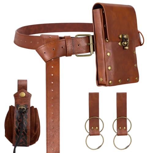 7PCS Renaissance Belt Pouch Set Medieval Pirate Costume Accessories (Brown JZ) - color: Brown JZ