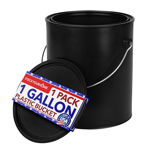 1 Gallon Plastic Paint Bucket (Black) - Triple Lock Airtight Seal - Minimizes Skimming - Rust Proof - Odor & Chemical Resistant - 128 Fl Oz All-Plastic Paint Can with Metal Handle - Stock Your Home