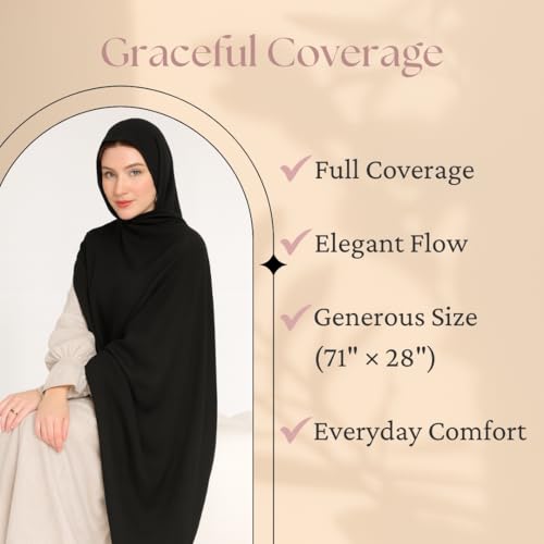 Premium Breathable Modal Cotton Hijab for Women, Lightweight, Non-Slip, Soft & Elegant Scarf for Everyday Wear - color: Jet Black
