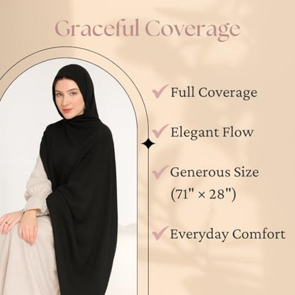 Premium Breathable Modal Cotton Hijab for Women, Lightweight, Non-Slip, Soft & Elegant Scarf for Everyday Wear - color: Jet Black