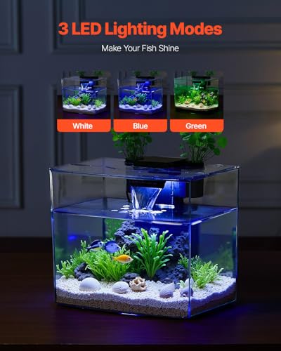 VEVOR Fish Tank Aquarium, 3.5 Gallon, Arch Design, Ultra-Clear GPPS Smart Tank with Adjustable 3-Color Lighting, Self-Cleaning System for Freshwater & Saltwater Fish - Home, Office Use