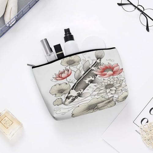 Fish Japanese Carp Lotus Leaves Flower Makeup Bag for Women, Toiletry Bag Portable PU, Cosmetic Bag Travel Essentials Toiletries Accessories