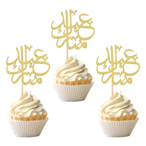 24 PCS Eid Mubarak Cupcake Toppers Gold Glitter Arabic Happy Eid Ramadan Kareem Cupcake Picks for Islamic Muslim Theme Party Cake Decorations Supplies - color: Design 9 Gold