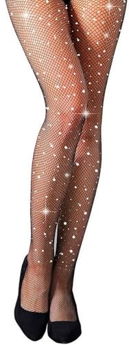 MengPa Women's Fishnets Tights High Waist Stockings Party Thigh High Pantyhose - color: Rhinestone-black