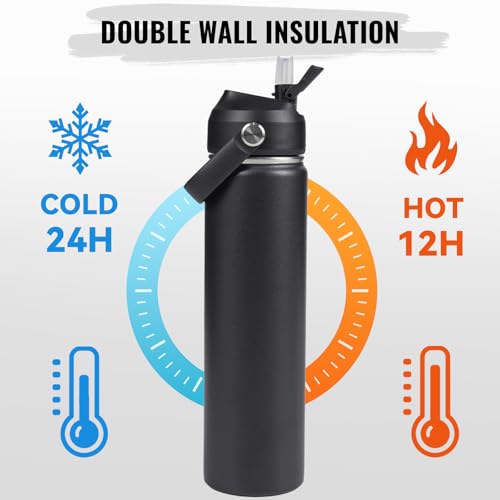Fijinhom 24oz Insulated Stainless Steel Water Bottle, Wide Mouth Double Wall Vacuum, Silicone Straw, Sweat & Leak Proof, BPA Free Insulated Water Flask for Travel, Keep Cold 24h Hot 12h, Black - color: Black, size: 24 Ounces
