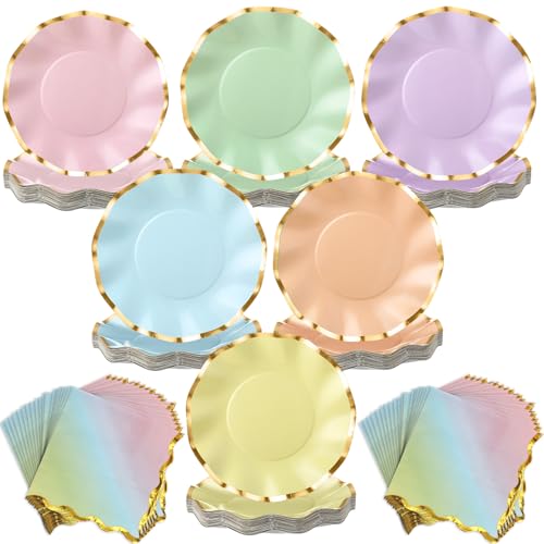 Havawish 48 Pcs Pastel Plates and Napkins Party Supplies 8'' Dessert Rainbow Paper Plates with Foil Edge Scalloped Tea Party Decorations Cake Disposable Dinnerware Set for Birthday Bridal Wedding - color: Pastel Rainbow
