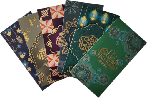 Pack 6 Islam Money Envelopes with 6 Styles AMN-456 Eid Mubarak Arabic Calligraphy Cash Holder for Kids Muslim Eidil Fitr Ramadan Gift (Color Set 1) - color: Color Set 1