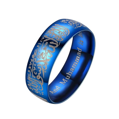 Hipunk Stainless Steel Islamic Muslim Shahada Ring - Mohammad Arabic Letter Rings Band Prayer Religious Calligraphy Ayatul Kursi Allah Rings Eid Ramadan for Men Women Size 9-12 - color: blue