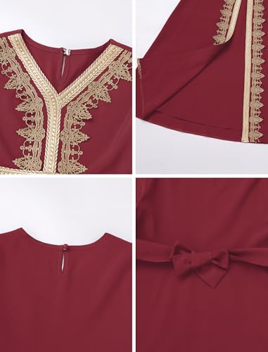 IWEMEK Abaya for Girls Muslim Prayer Dress Kids Islamic Dubai Eid Ramadan Clothes Wedding Saudi Arabic Kaftan Dress with Belt - color: Burgundy, size: 3-4T