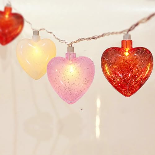 Valentines Day Heart String Lights Plug in, 8.5Ft Indoor Outdoor Valentine's Day Decorations String Lights with 10 LED Red Pink and White Heart Lights for Wedding Party Window Christmas Birthday Decor - color: Pink/Red/White Glitter Heart