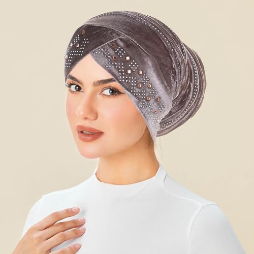 Rhinestone Hijab Turban Hats for Women Beanies Bandana Headwrap Cap Beanies Headwear Headscarf Undercap Turban Hat - color: Khaki