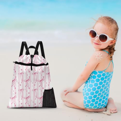 Pink Ribbon Bow Drawstring Backpack, 15” x 17” Waterproof Swim Bag for Beach Swimming Pool, Lightweight Foldable Gym Bag with Water Bottle Holder for Sports Travel - color: Pink Bows Stripes