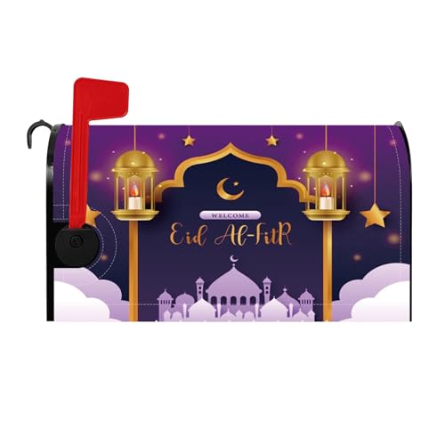 Wlcome Eid Al-Fitr Magnetic Mailbox Cover Violet Golden Star Lantern MailWraps Arabian Ramadan Mubarak Islamic Muslim Post Box Cover Wraps Standard Size for 21x18 Inch Garden Home Yard Decors - color: Purple