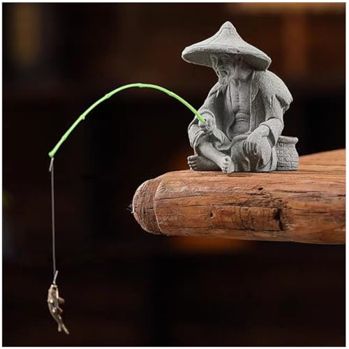 livelyfish Mini Fisherman Statue Asian Zen Decoration Sitting Fishing Figurines Sandstone Vintage Ornament for Aquarium Fish Tank Pot Garden Home Japanese Decor (C2) - color: C2