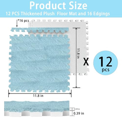 12 PCS Thickened Plush Interlocking Floor Mat Fluffy Square Tiles with 16 Edgings Soft Anti-Slip Puzzle Area Rug for Room (Sky Blue) - color: Sky Blue