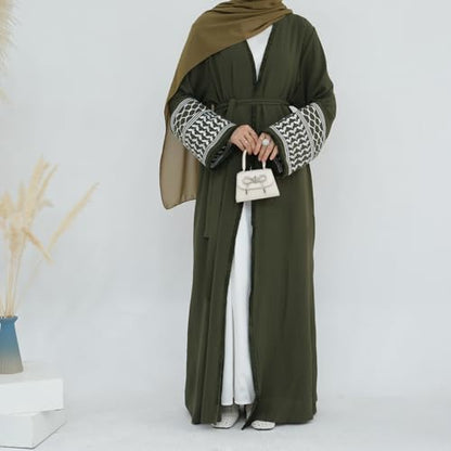 Muslim Abayas for Women Long Sleeve Embroidered Open Front Cardigan Turkey Dubai Maxi Kaftan Dress Ramadan Kimono with Belt - color: Army Green, size: Medium