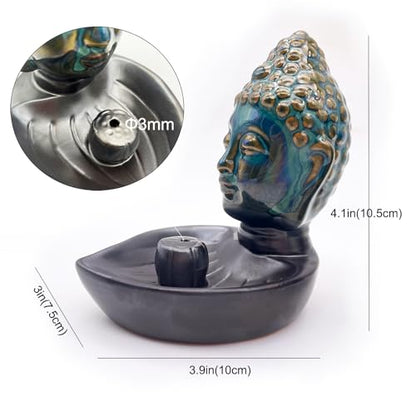 Buddha Head Incense Holder for Sticks, Small Ceramic Incense Burner Healing, Meditaiong, Zen, Timer of Spa or Yoga, with Ash Catcher (Black) - color: Black